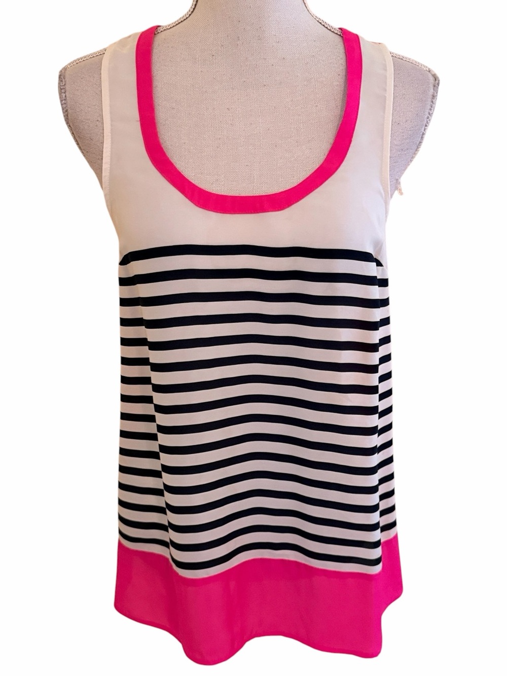 Anthropologie Maeve Sleeveless White/Navy Striped Tank with Pink Trim at Hem S